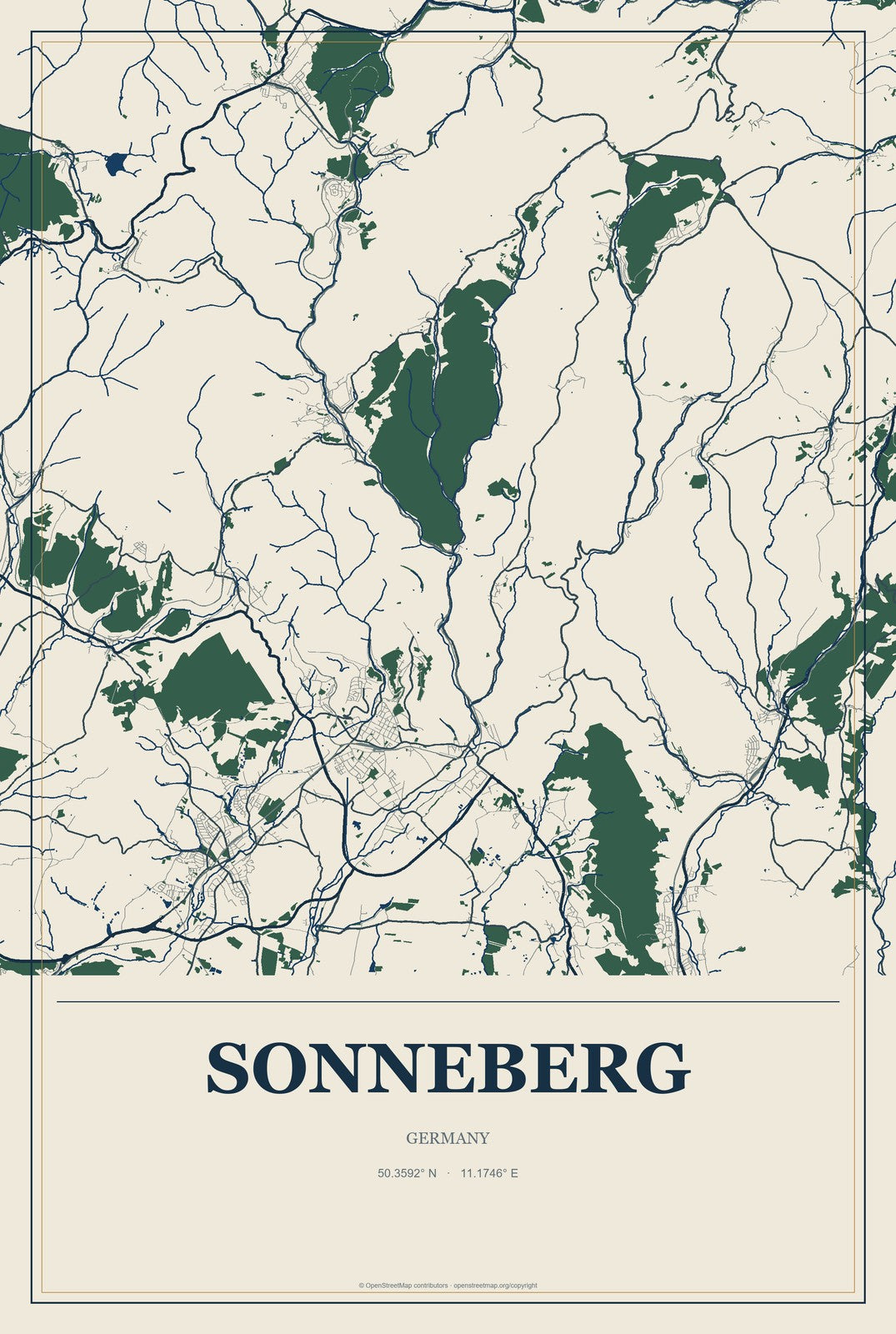 Sonneberg, Germany City Map Aluminum Sign in Coastal Cutout style