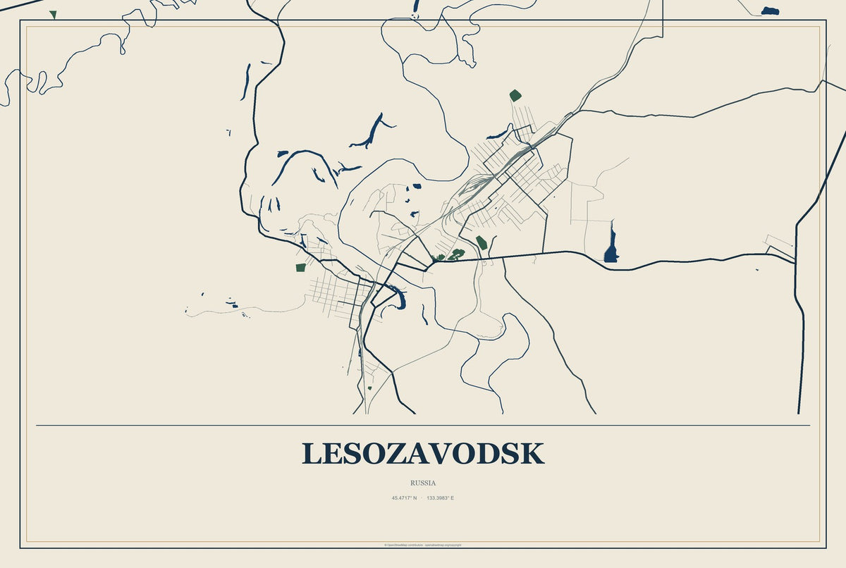 Lesozavodsk, Russia City Map Aluminum Sign in Coastal Cutout style