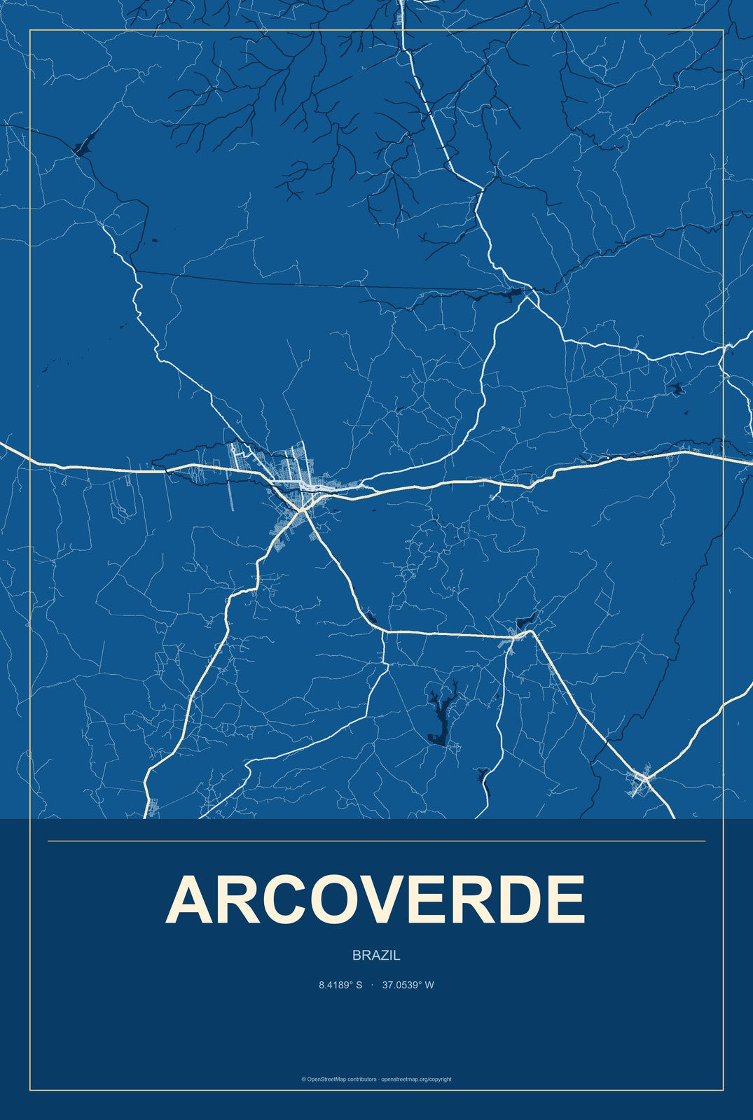 Arcoverde, Brazil City Map Aluminum Sign in Harbor Cobalt style