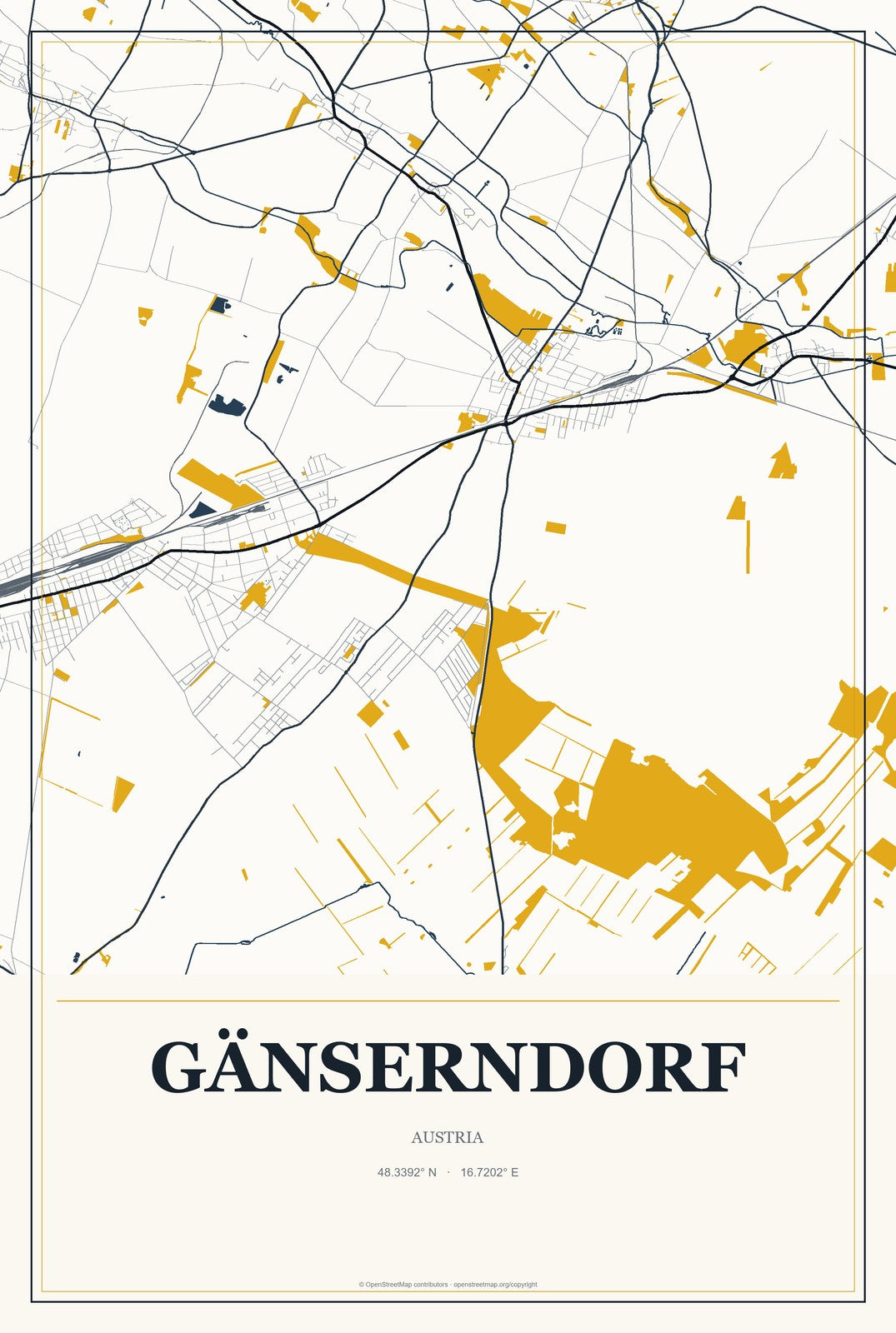 Gänserndorf, Austria City Map Aluminum Sign in Citrine Modern style