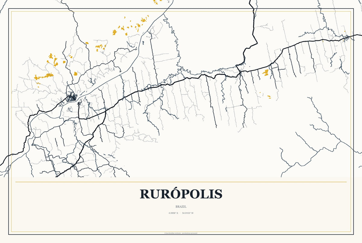 Rurópolis, Brazil City Map Aluminum Sign in Citrine Modern style