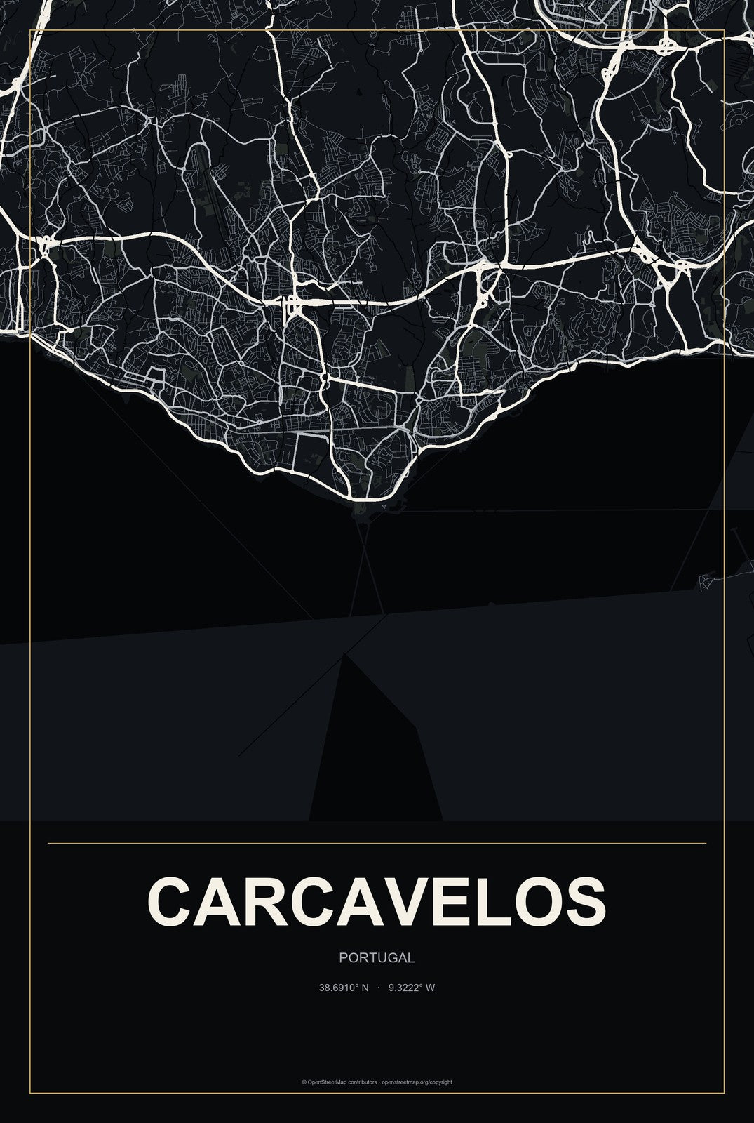 Carcavelos, Portugal City Map Aluminum Sign in Metropolitan Noir style
