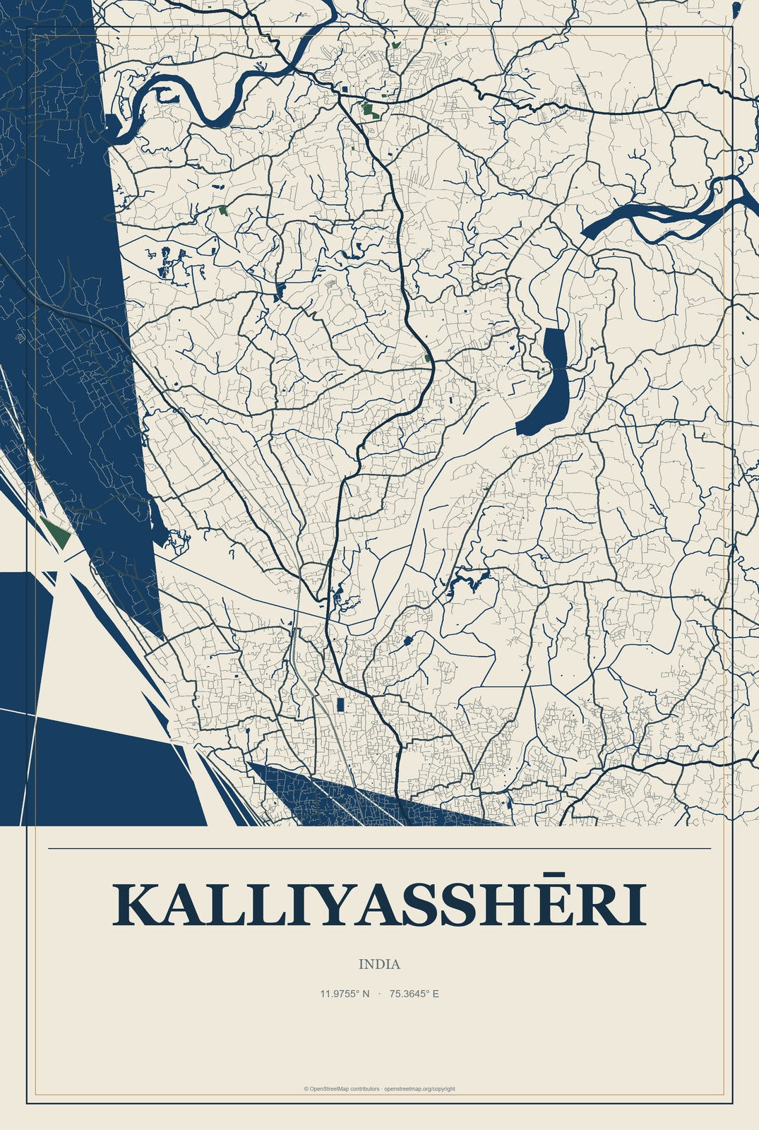 Kalliyasshēri, India City Map Aluminum Sign in Coastal Cutout style