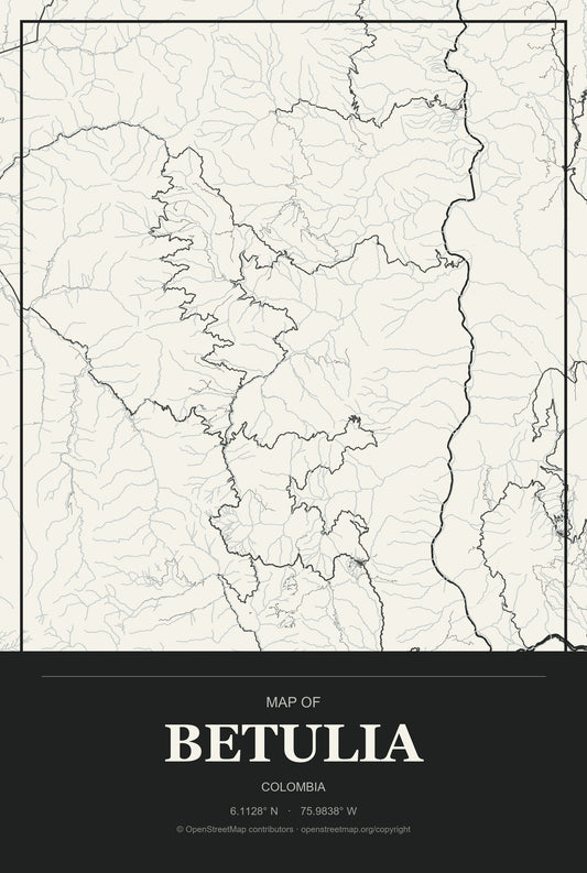 Betulia, Colombia City Map Aluminum Sign in Museum Plaque style