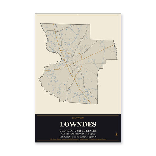 Lowndes County, Georgia Map Aluminum Sign in Museum Plaque style