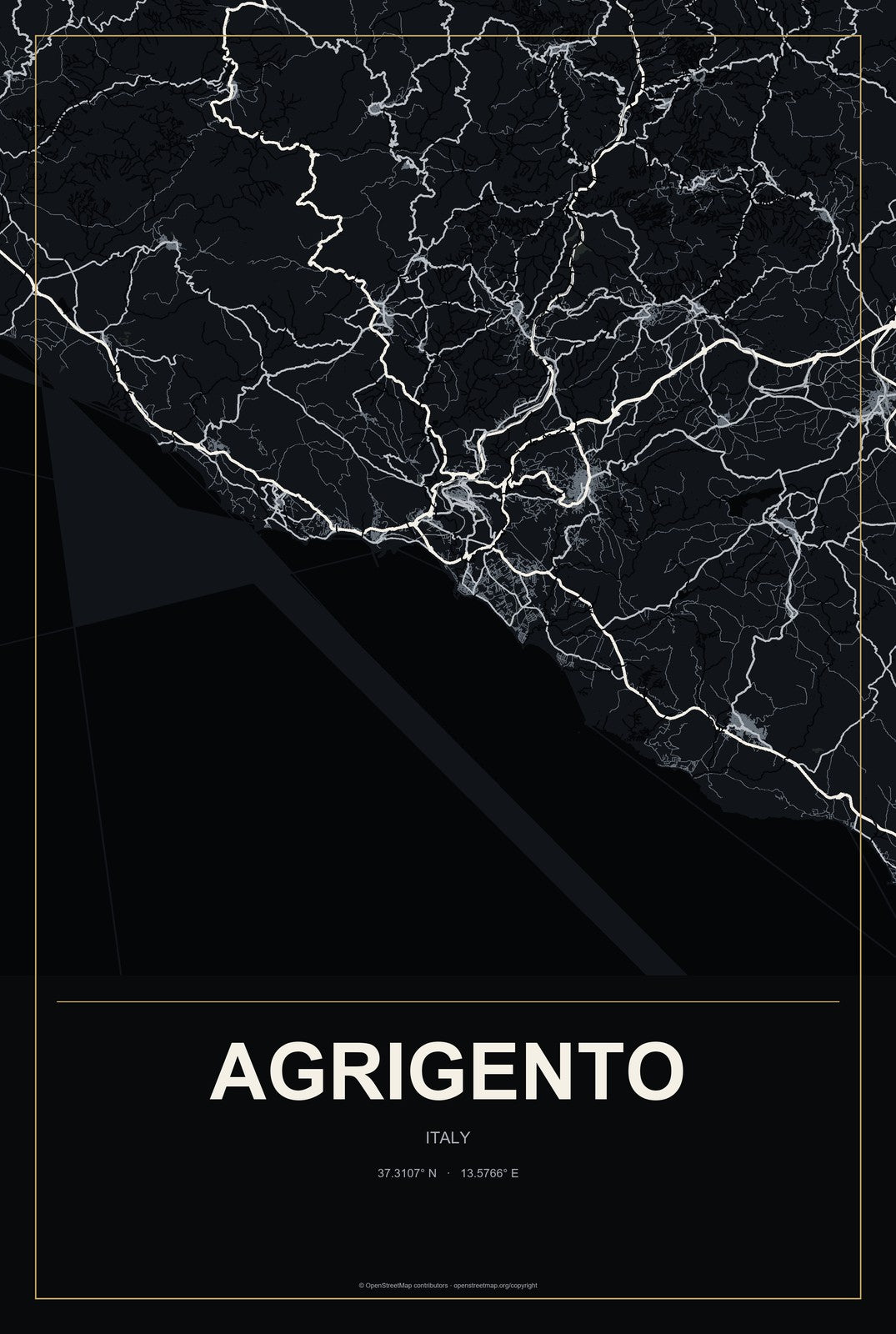 Agrigento, Italy City Map Aluminum Sign in Metropolitan Noir style