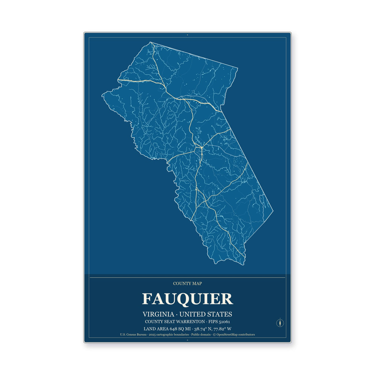 Fauquier County, Virginia Map Aluminum Sign in Harbor Cobalt style