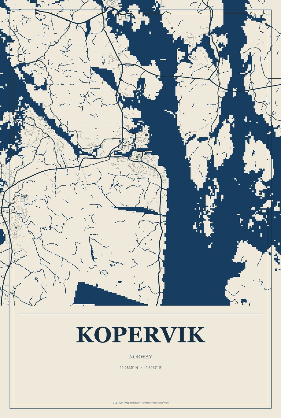 Kopervik, Norway City Map Aluminum Sign in Coastal Cutout style