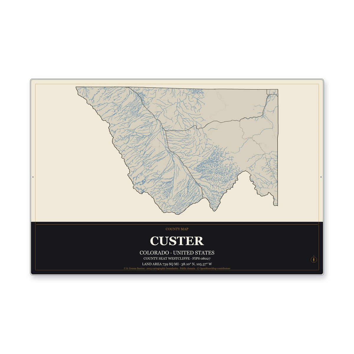 Custer County, Colorado Map Aluminum Sign in Museum Plaque style