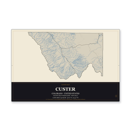 Custer County, Colorado Map Aluminum Sign in Museum Plaque style