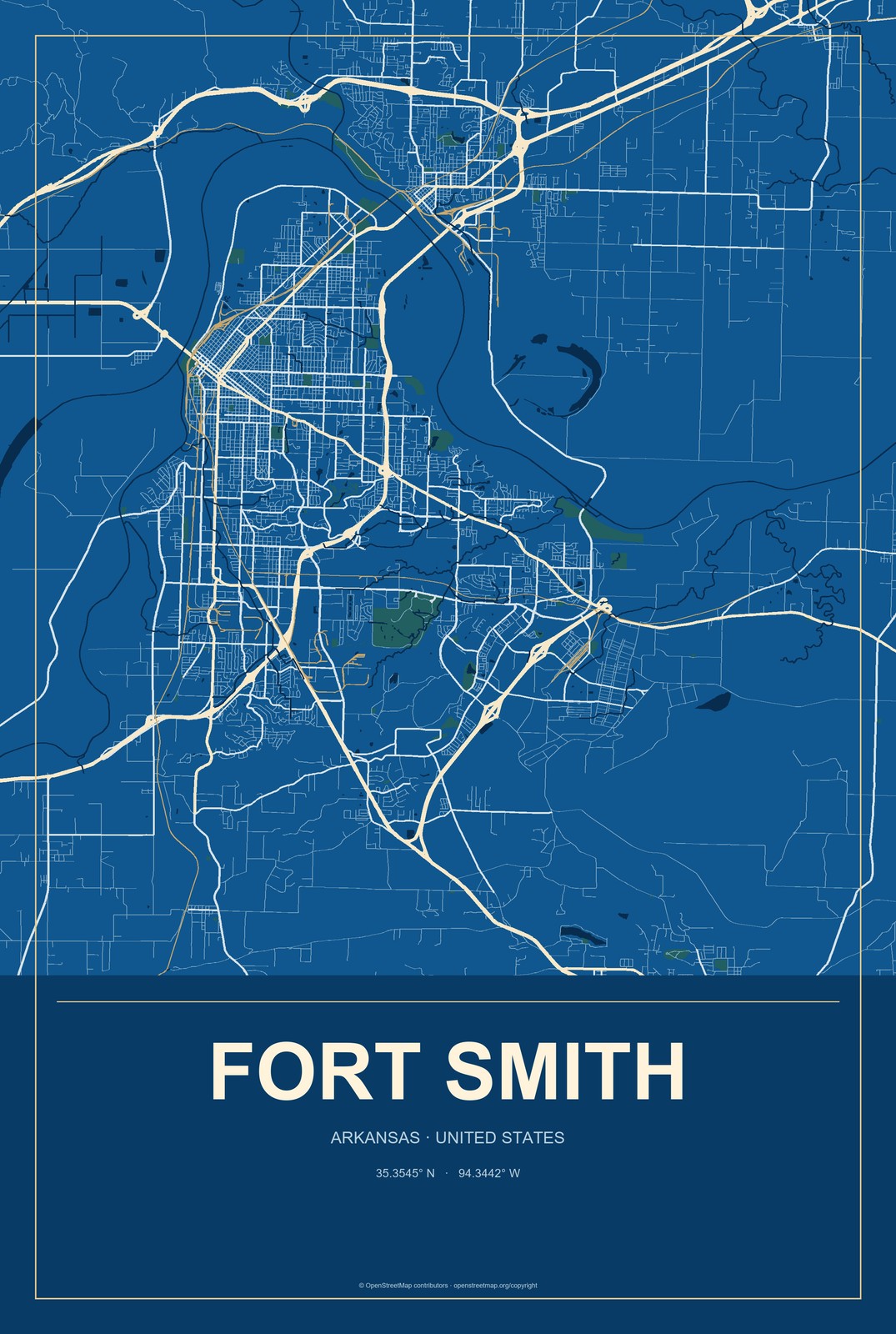 Fort Smith, Arkansas City Map Aluminum Sign in Harbor Cobalt style