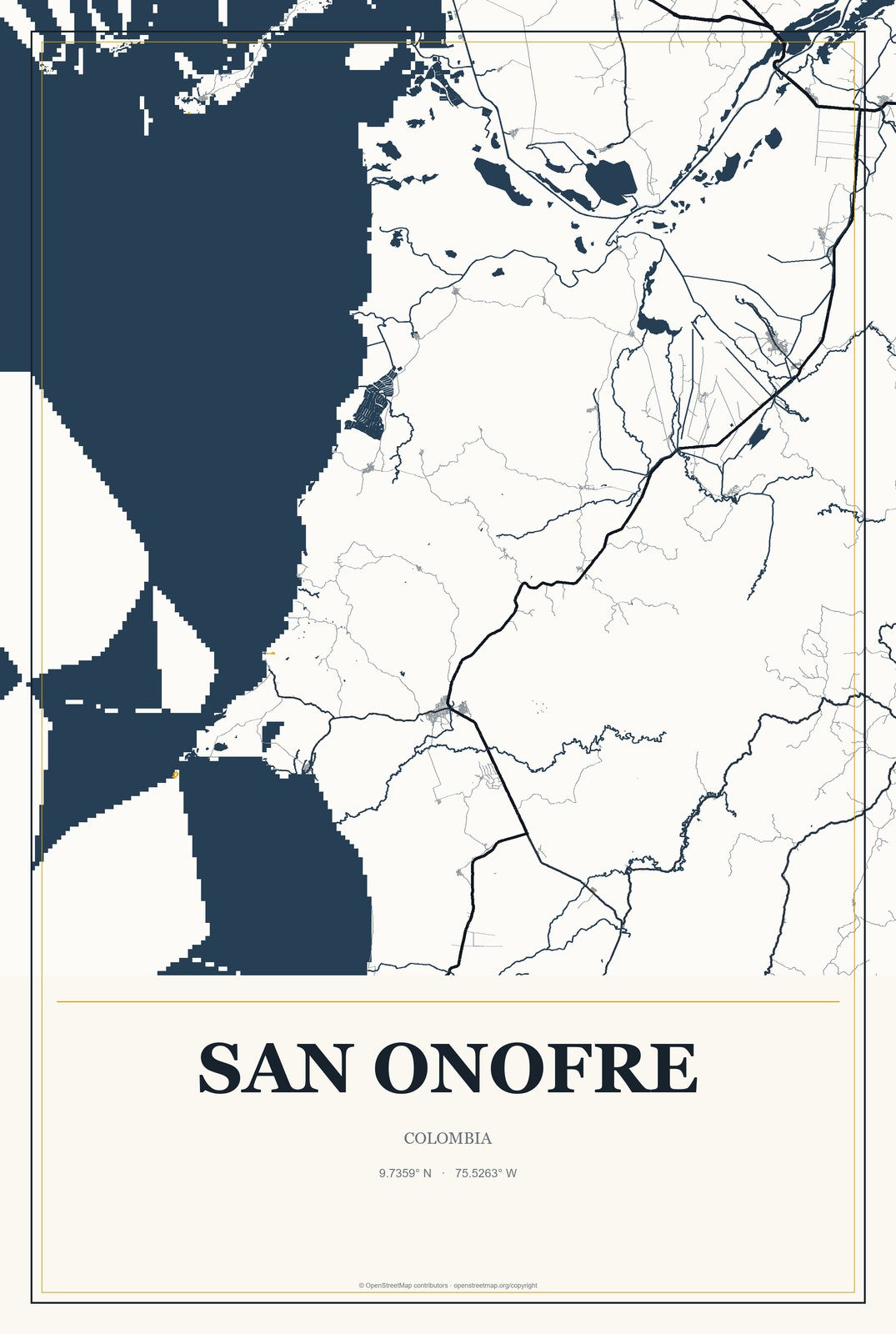 San Onofre, Colombia City Map Aluminum Sign in Citrine Modern style