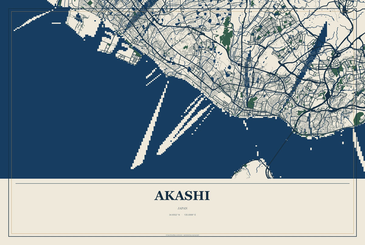 Akashi, Japan City Map Aluminum Sign in Coastal Cutout style
