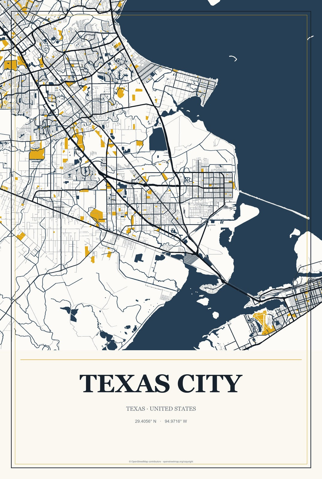 Texas City, Texas City Map Aluminum Sign in Citrine Modern style