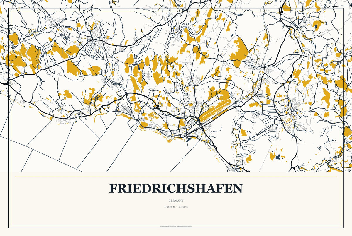 Friedrichshafen, Germany City Map Aluminum Sign in Citrine Modern style