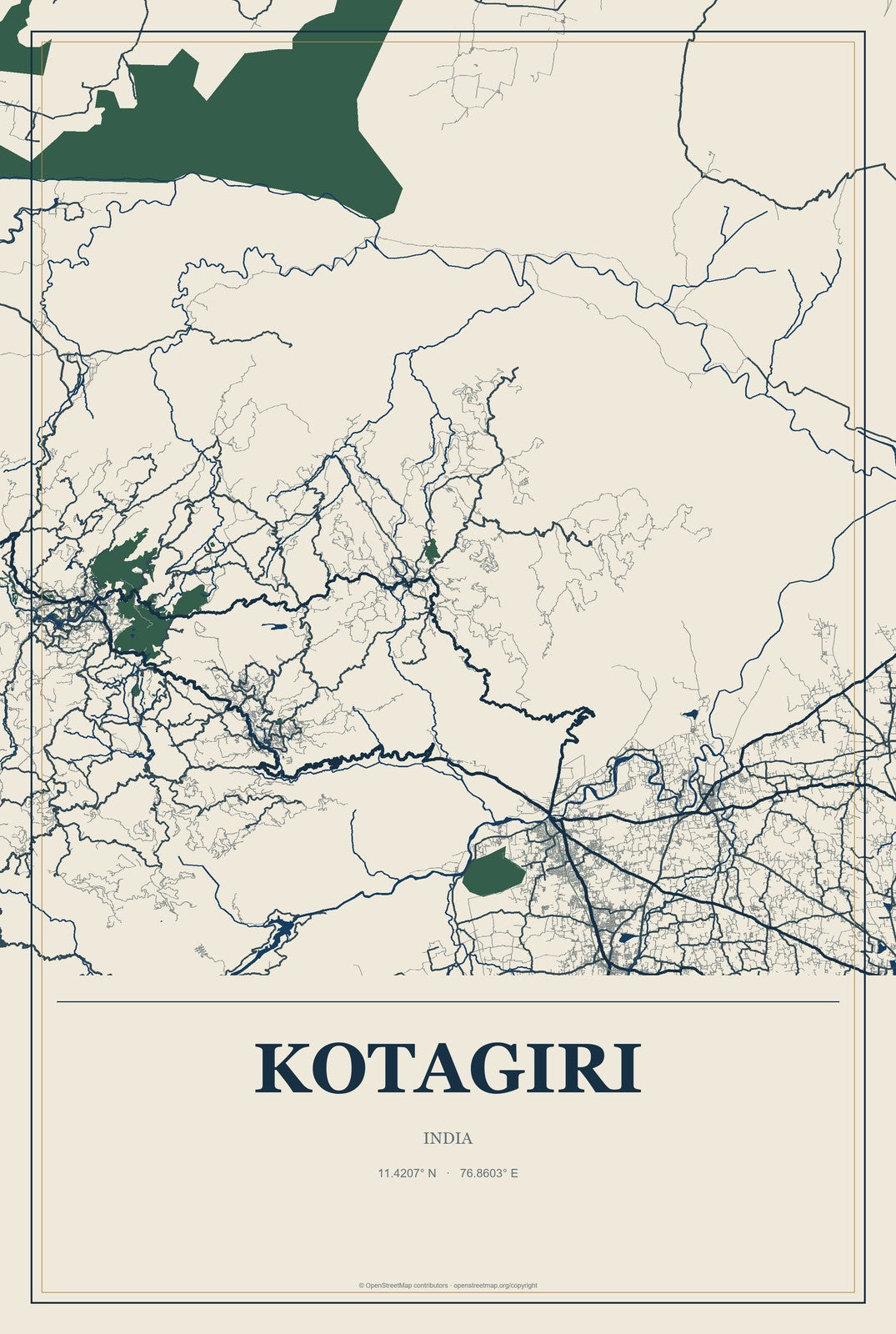 Kotagiri, India City Map Aluminum Sign in Coastal Cutout style