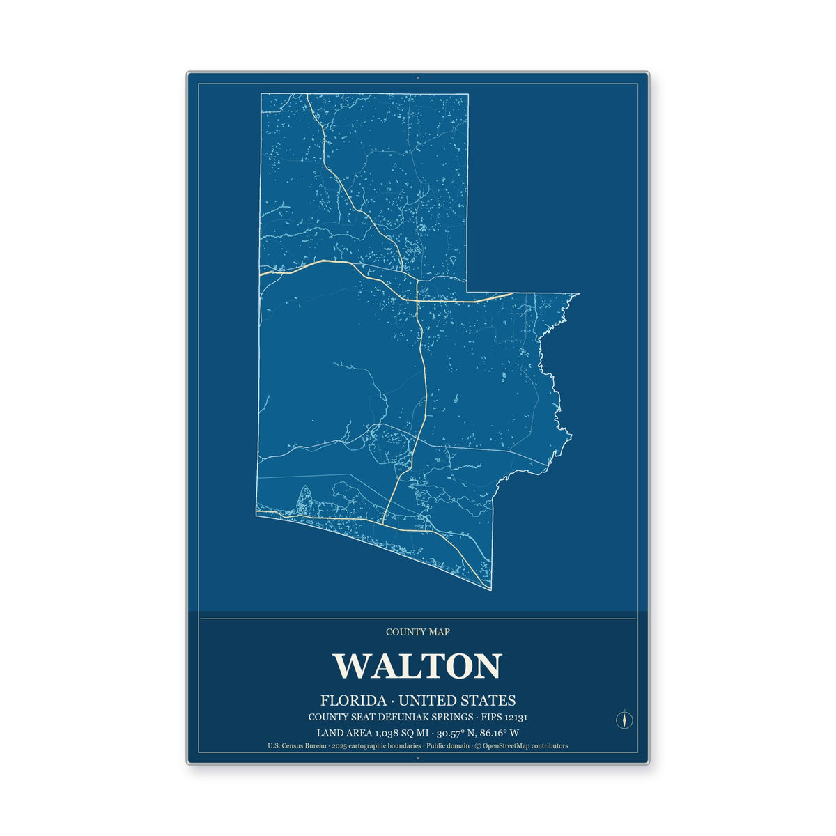 Walton County, Florida Map Aluminum Sign in Harbor Cobalt style