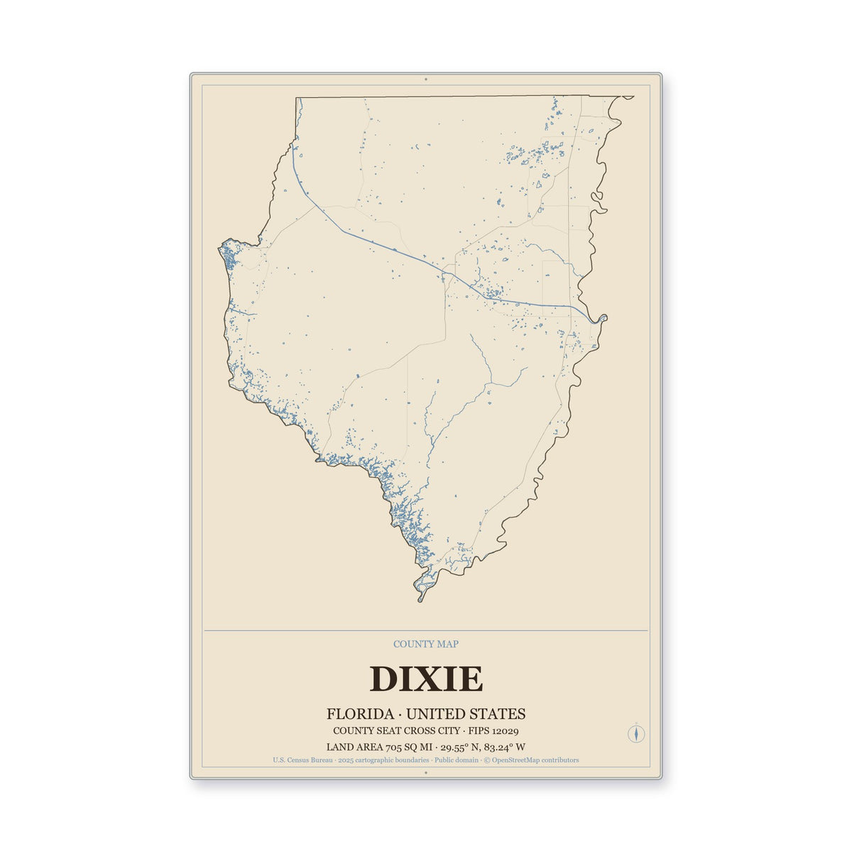 Dixie County, Florida Map Aluminum Sign in Heritage Nautical style