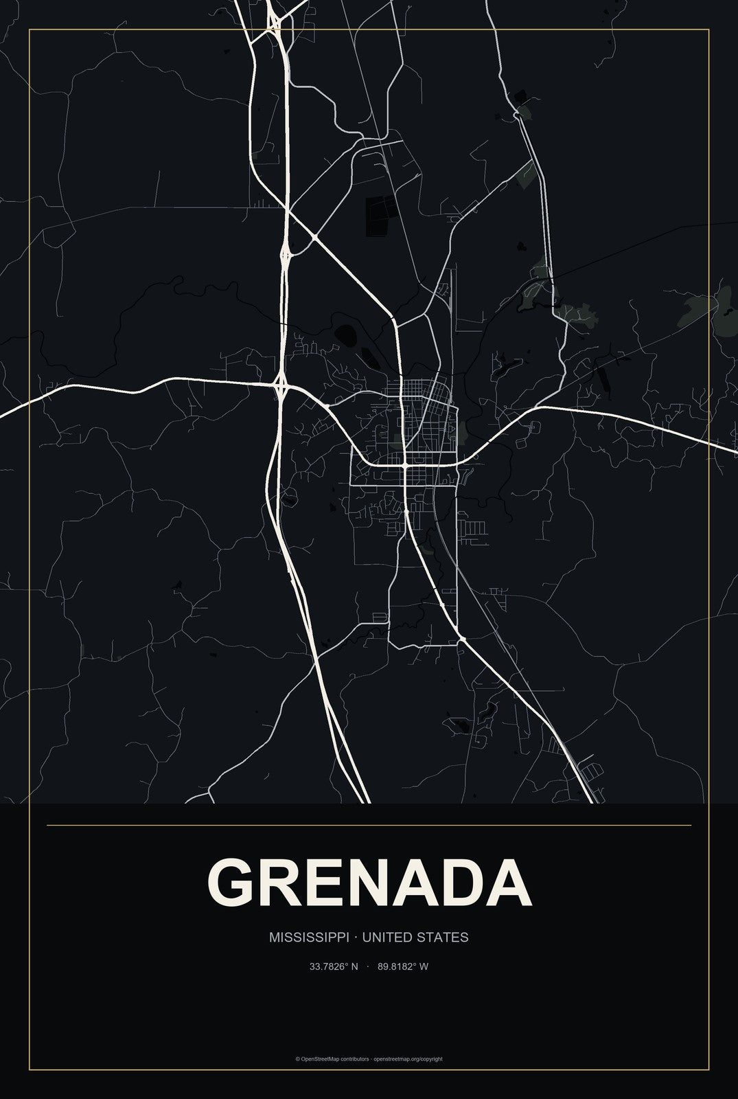 Grenada, Mississippi City Map Aluminum Sign in Metropolitan Noir style