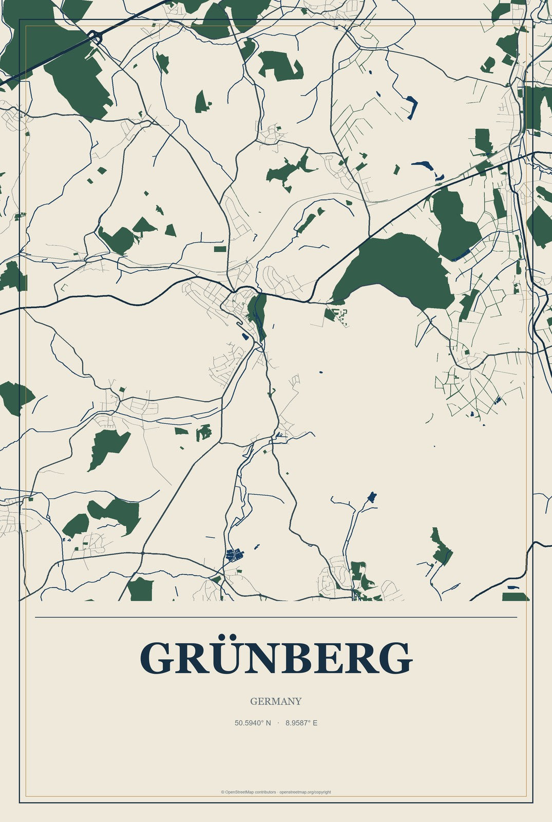 Grünberg, Germany City Map Aluminum Sign in Coastal Cutout style