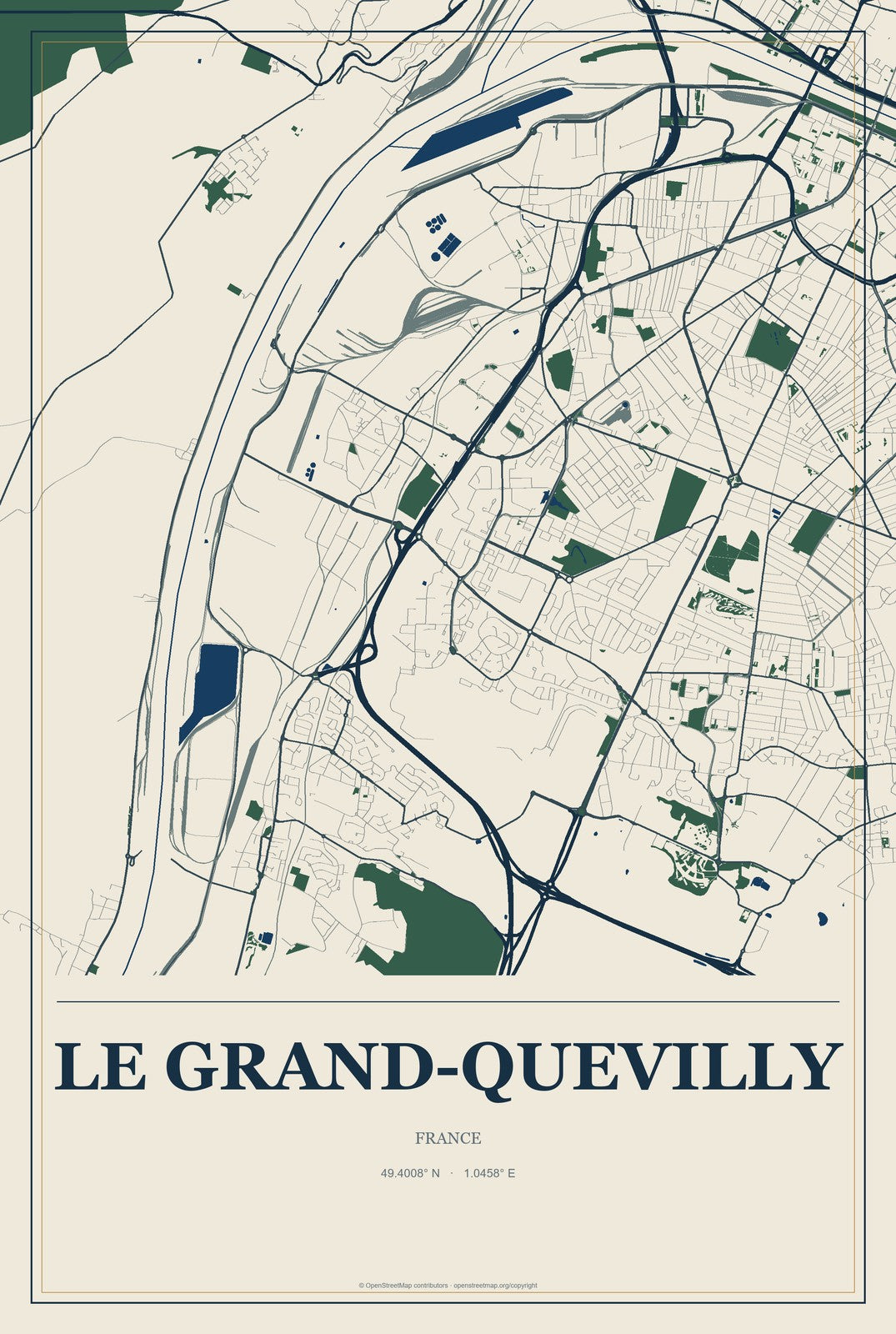 Le Grand-Quevilly, France City Map Aluminum Sign in Coastal Cutout style
