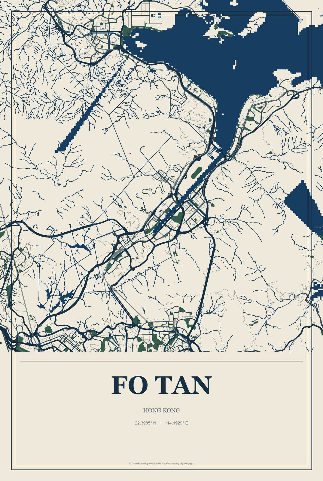 Fo Tan, Hong Kong City Map Aluminum Sign in Coastal Cutout style