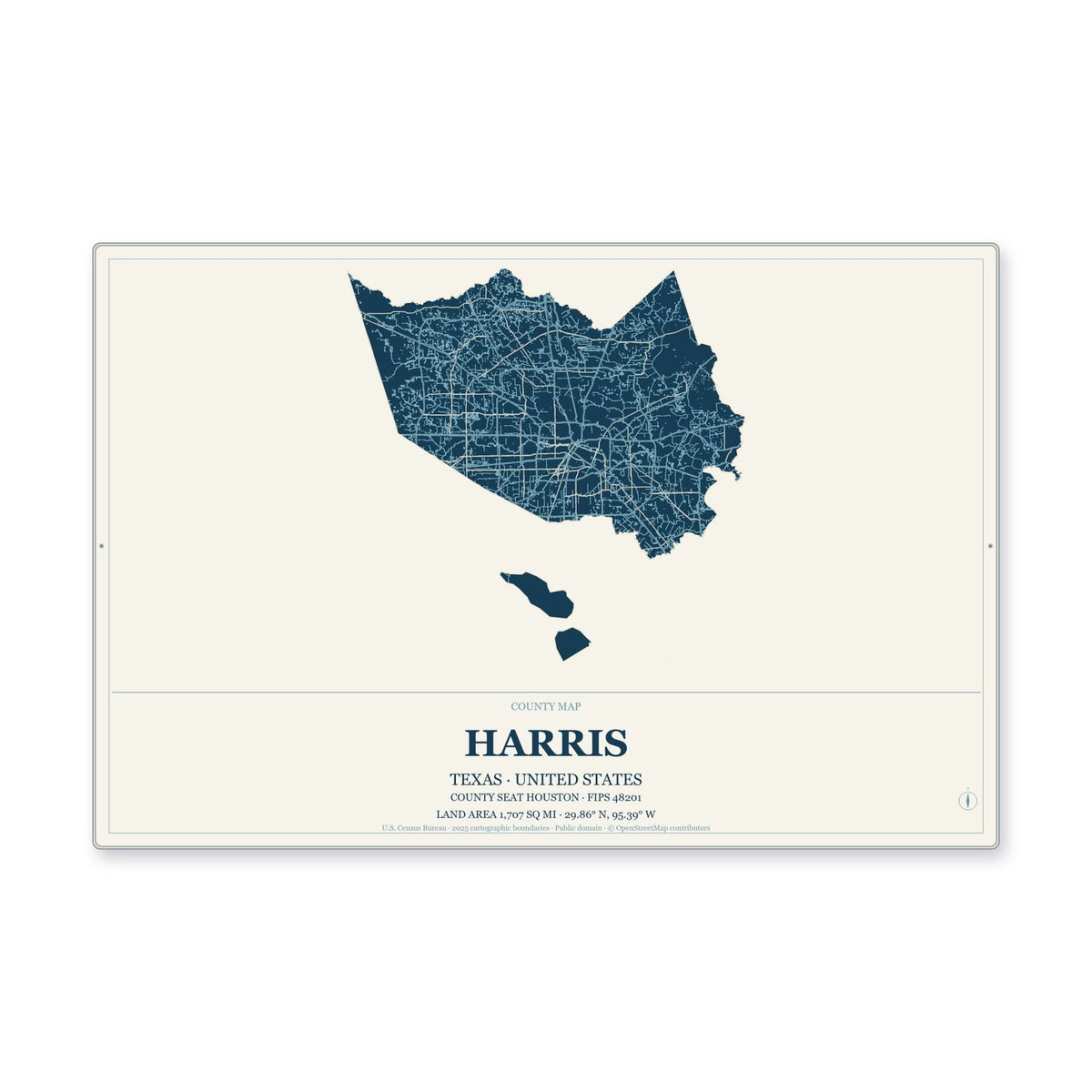 Harris County, Texas Map Aluminum Sign in Coastal Cutout style