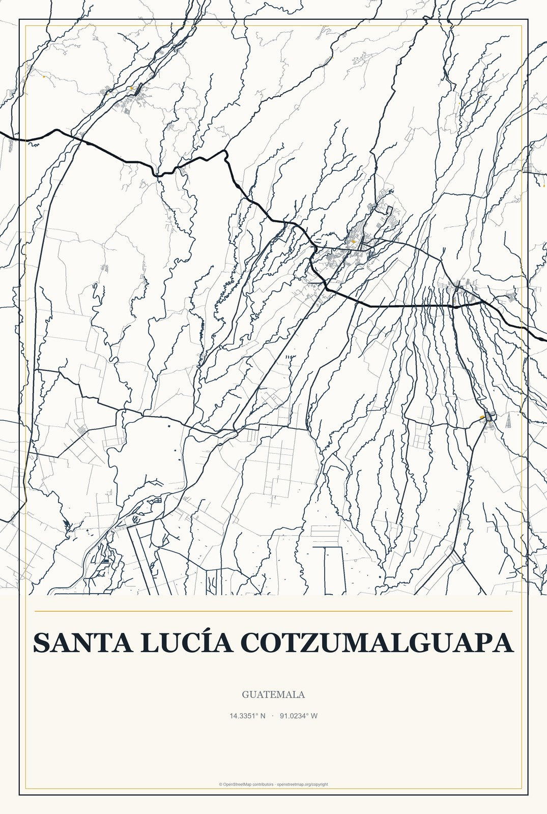 Santa Lucía Cotzumalguapa, Guatemala City Map Aluminum Sign in Citrine Modern style