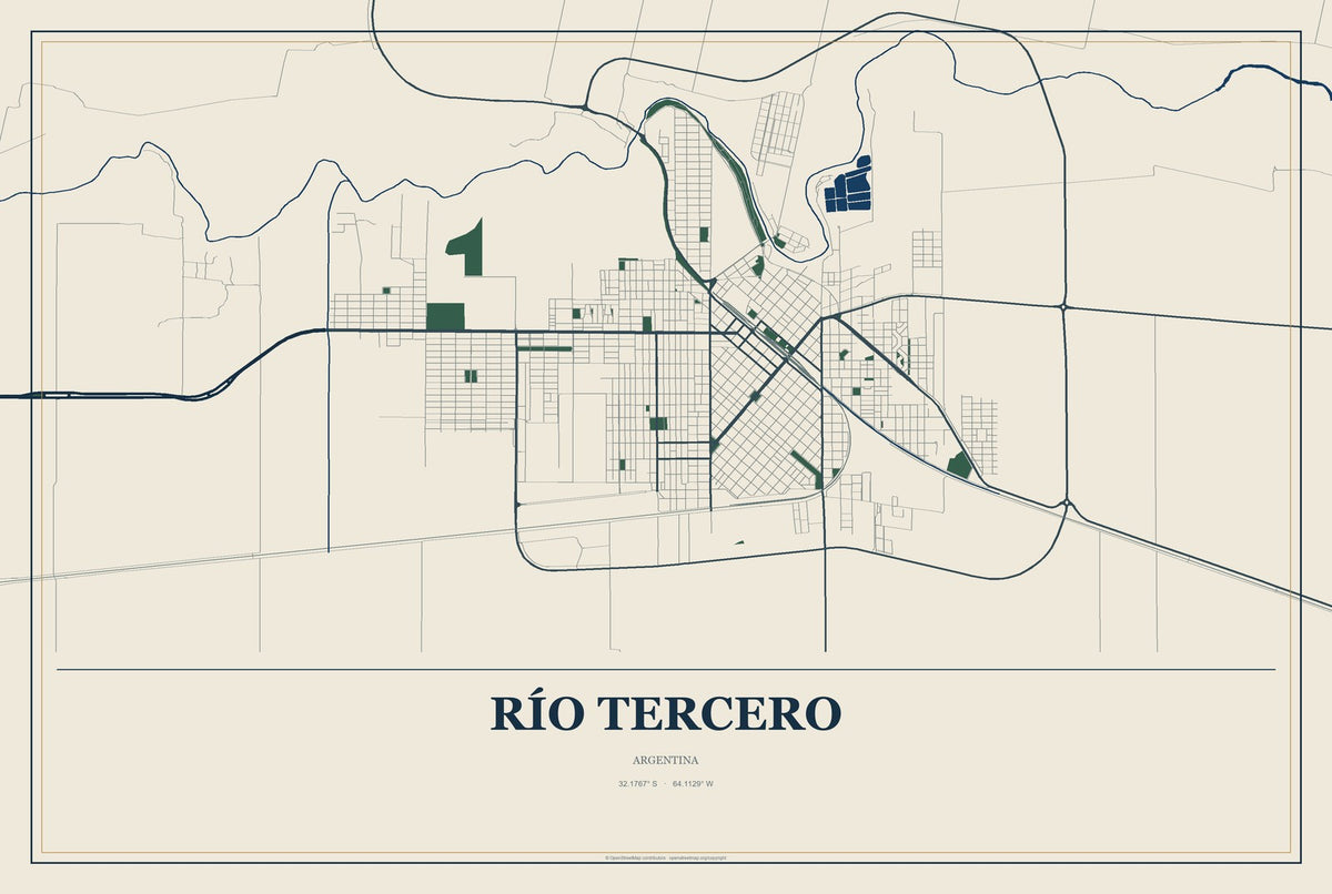 Río Tercero, Argentina City Map Aluminum Sign in Coastal Cutout style