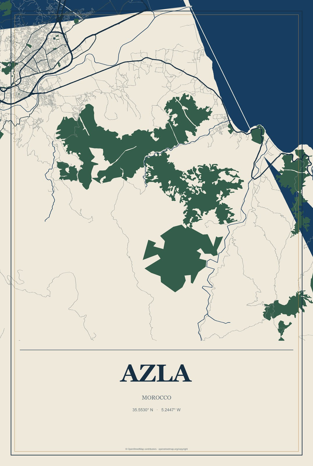 Azla, Morocco City Map Aluminum Sign in Coastal Cutout style