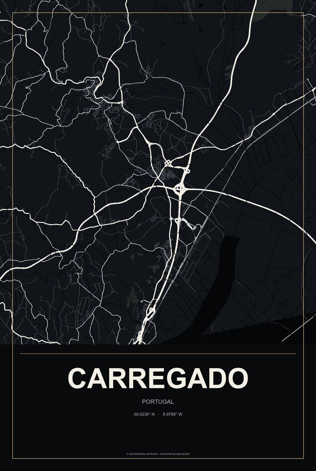 Carregado, Portugal City Map Aluminum Sign in Metropolitan Noir style