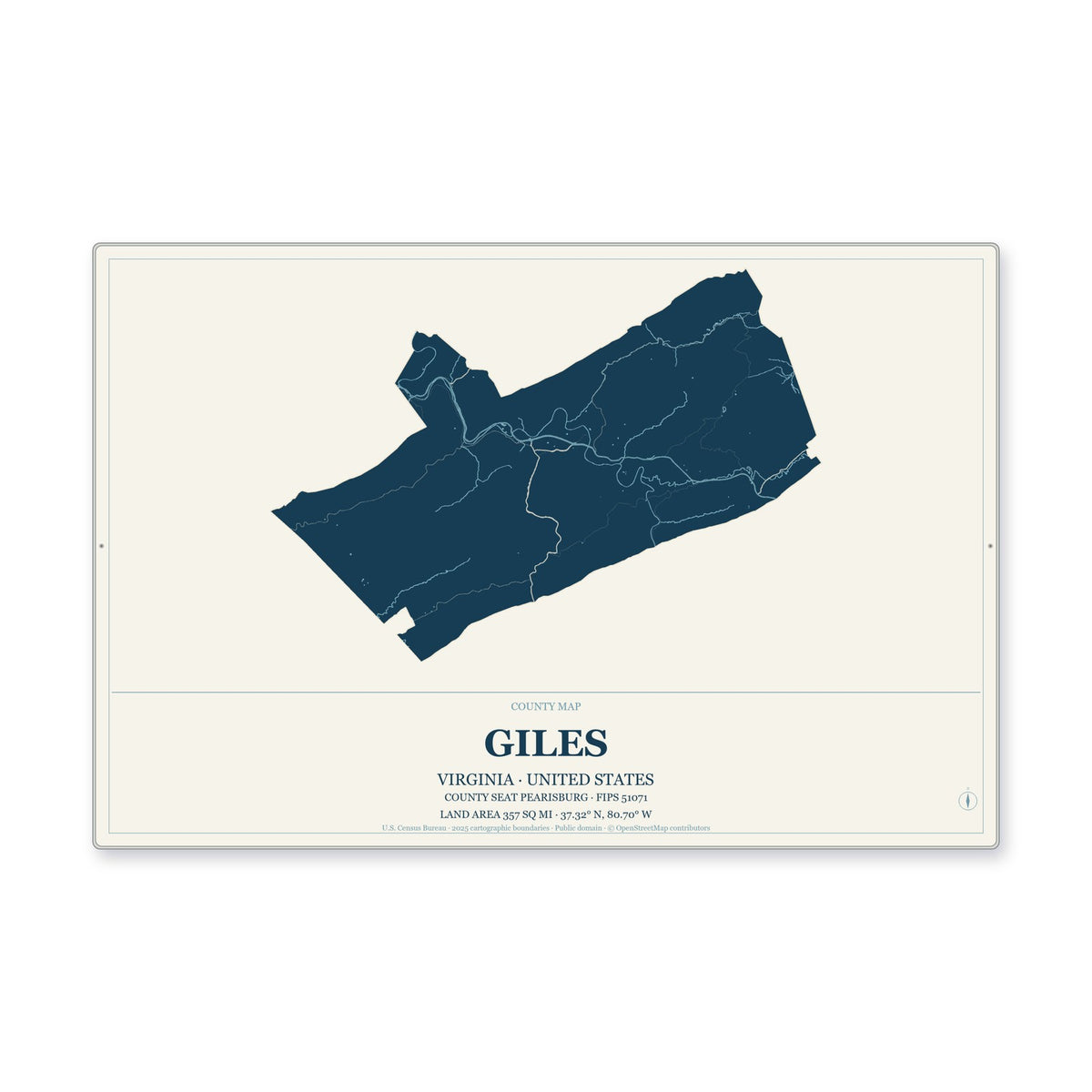 Giles County, Virginia Map Aluminum Sign in Coastal Cutout style