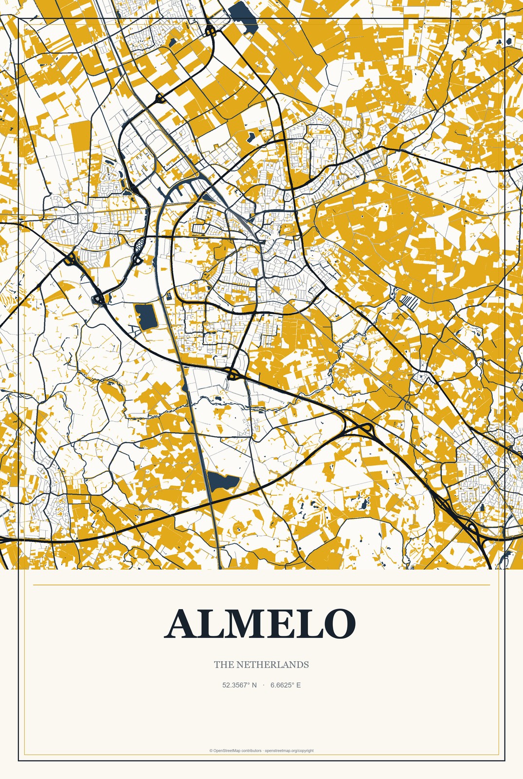 Almelo, The Netherlands City Map Aluminum Sign in Citrine Modern style