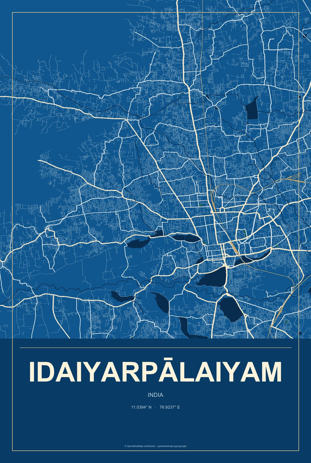 Idaiyarpālaiyam, India City Map Aluminum Sign in Harbor Cobalt style