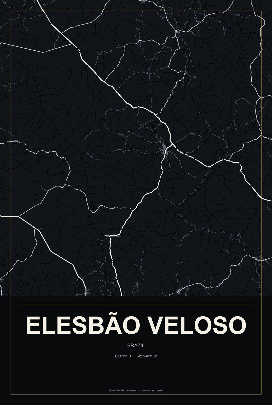 Elesbão Veloso, Brazil City Map Aluminum Sign in Metropolitan Noir style