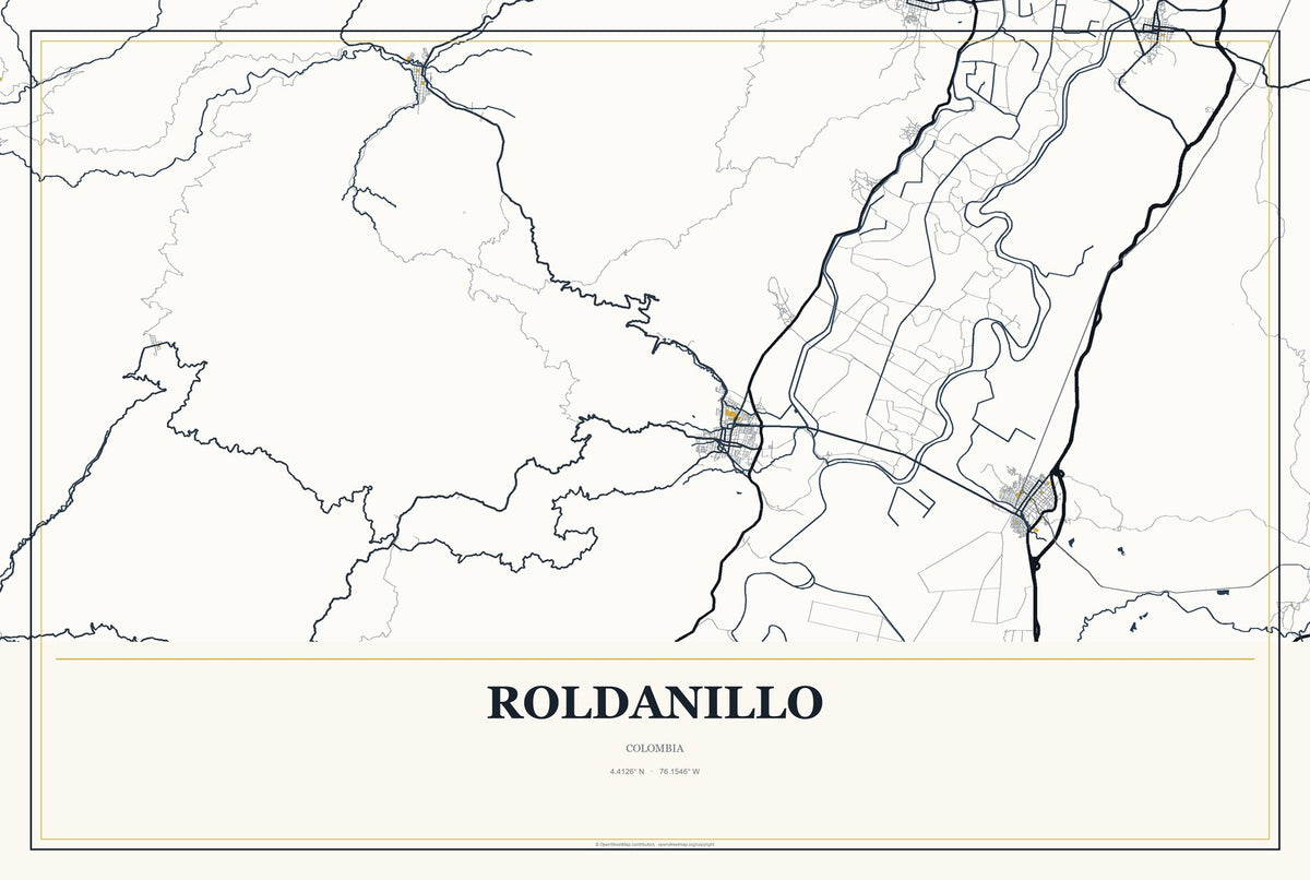 Roldanillo, Colombia City Map Aluminum Sign in Citrine Modern style