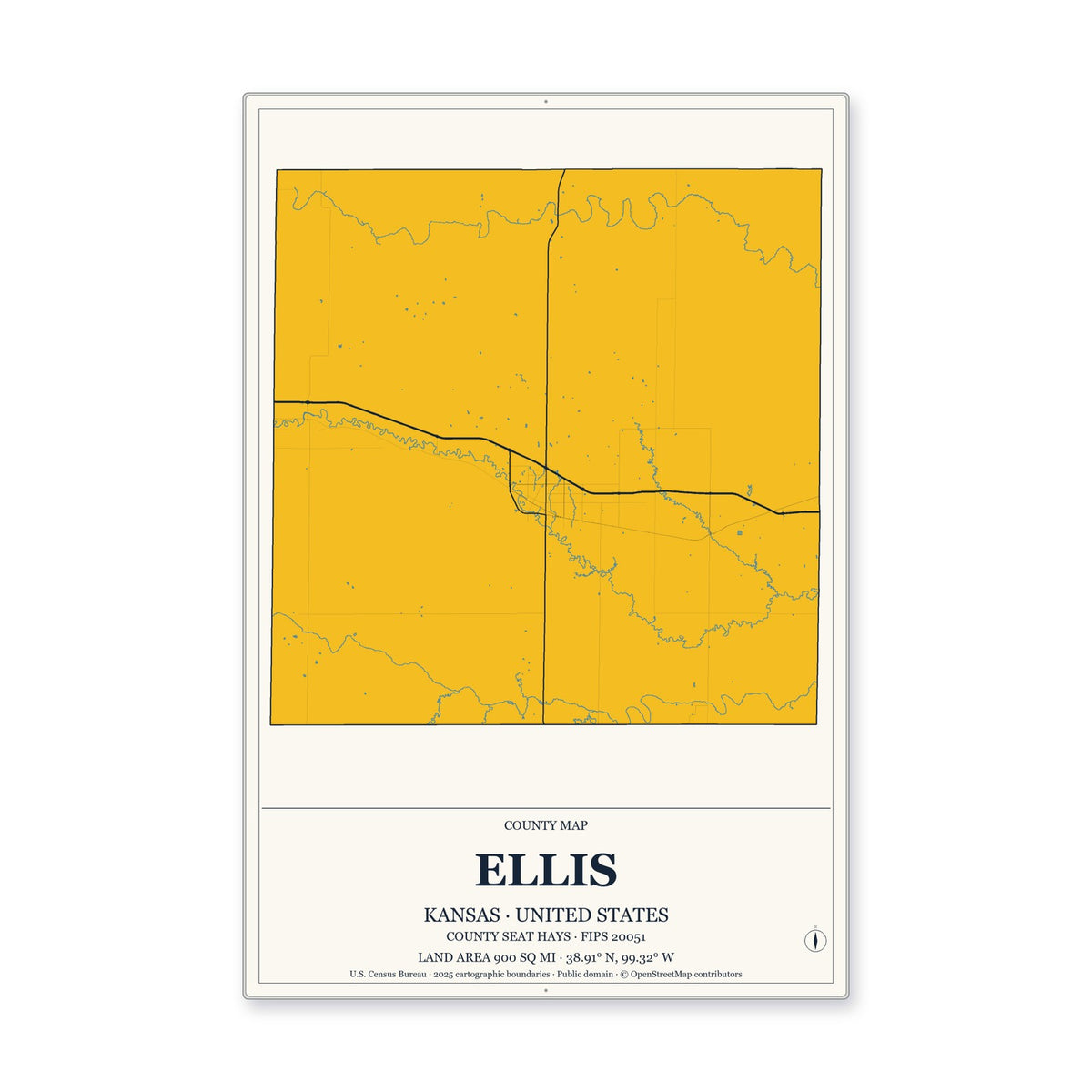 Ellis County, Kansas Map Aluminum Sign in Citrine Modern style