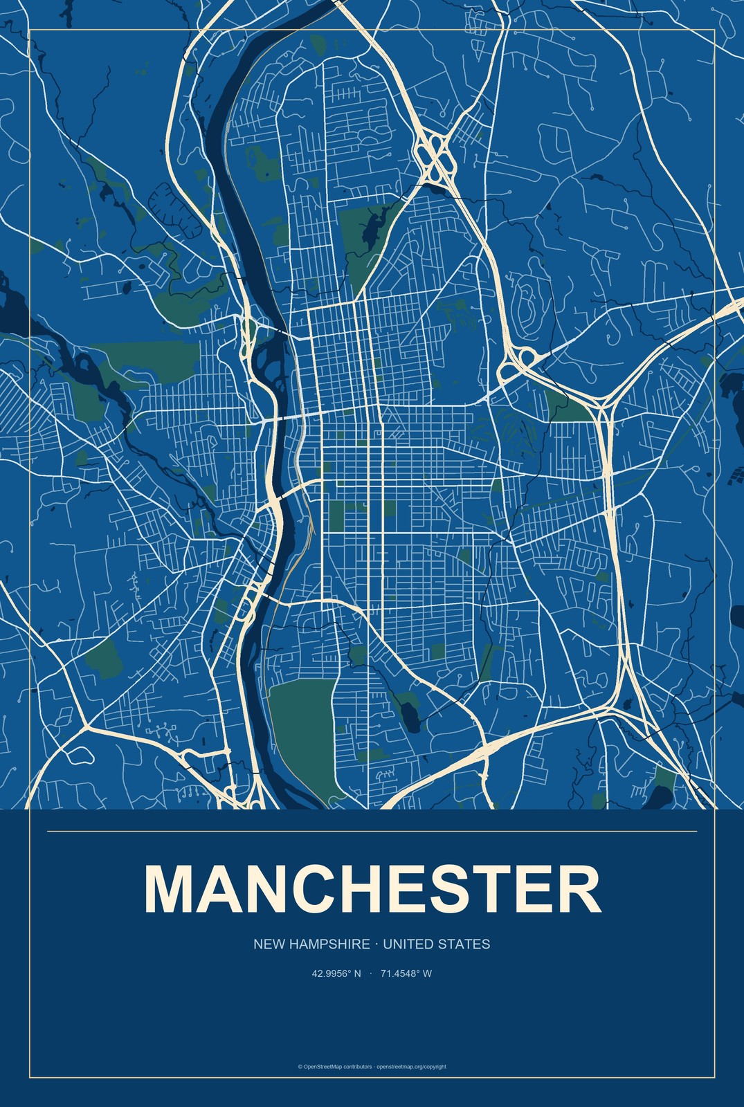 Manchester, New Hampshire City Map Aluminum Sign in Harbor Cobalt style