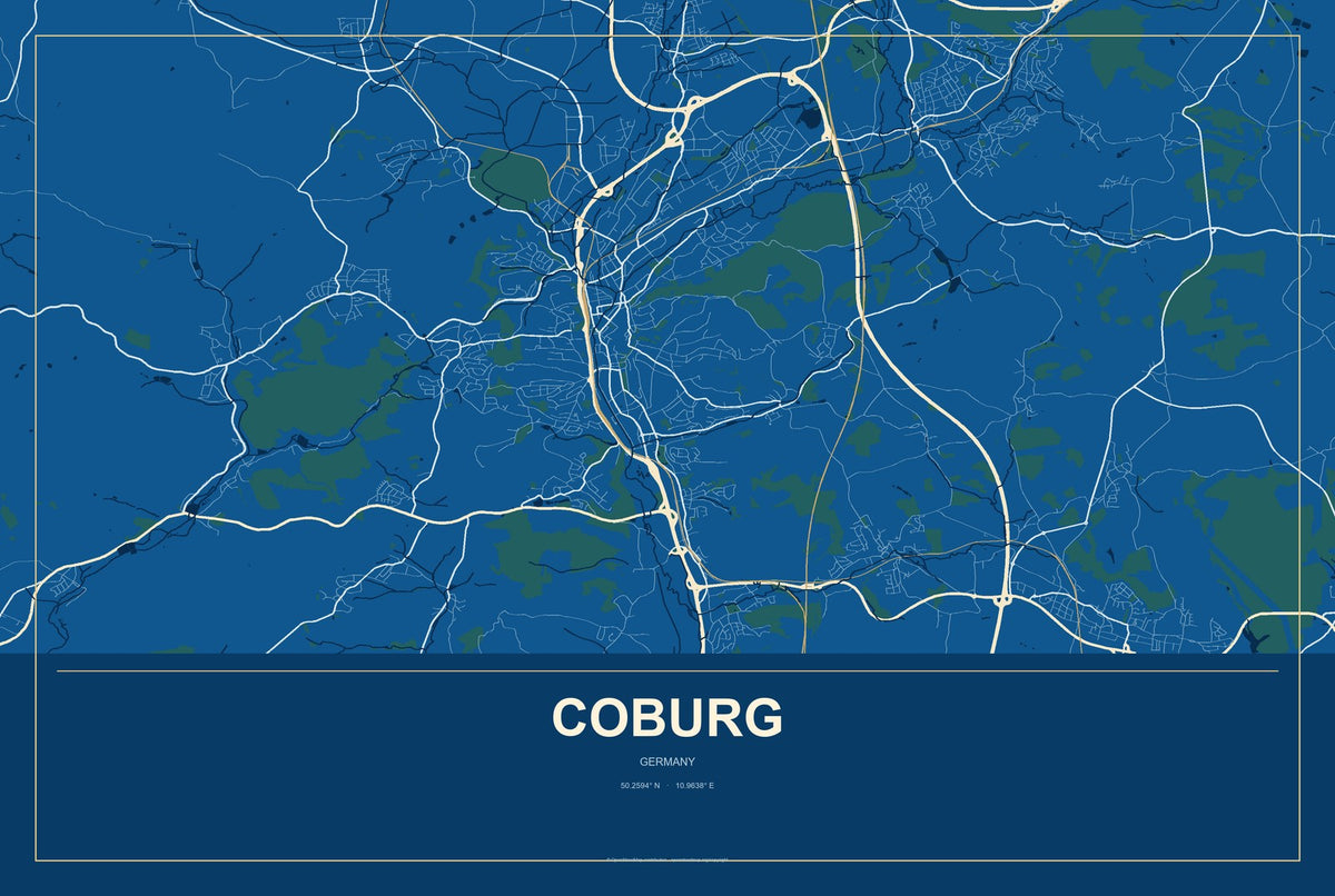Coburg, Germany City Map Aluminum Sign in Harbor Cobalt style
