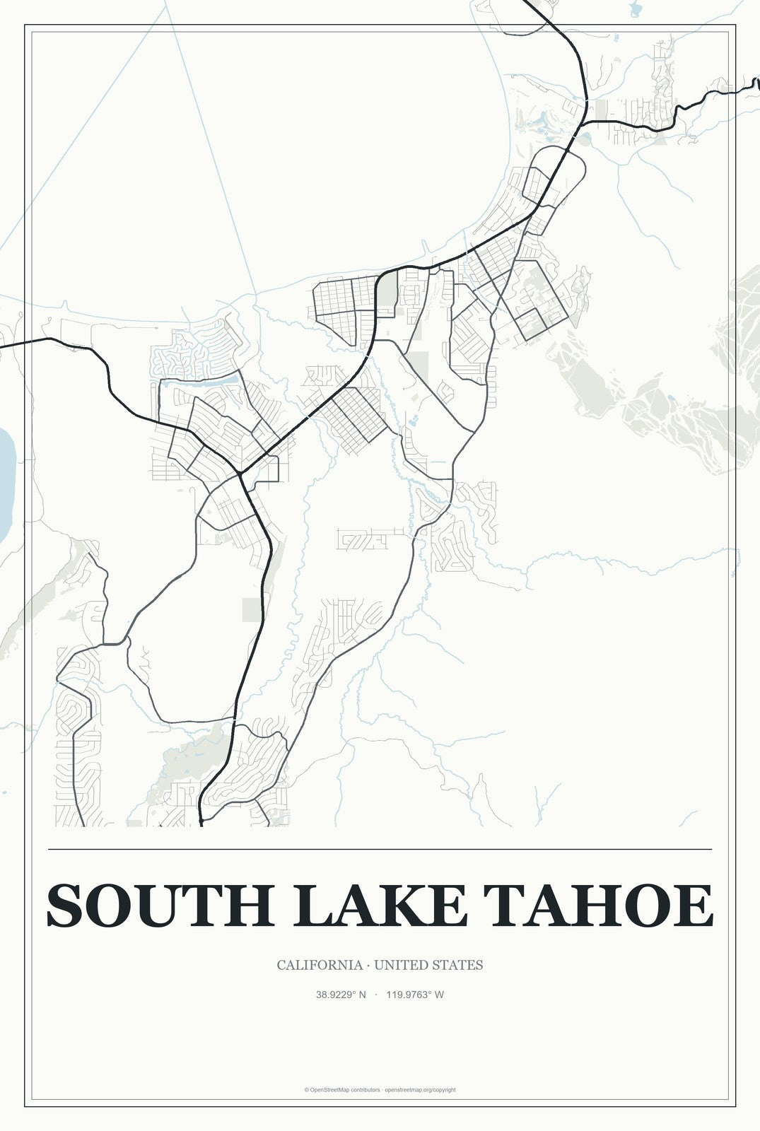 South Lake Tahoe, California City Map Aluminum Sign in Gallery Air style