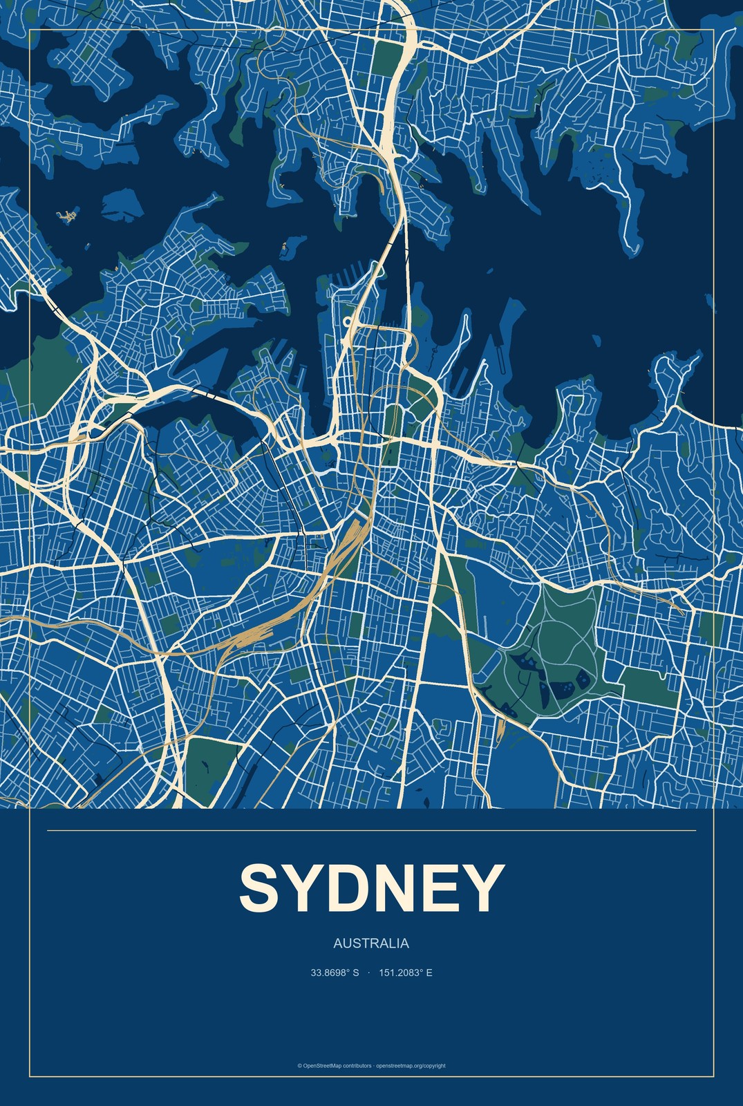 Sydney, Australia City Map Aluminum Sign in Harbor Cobalt style