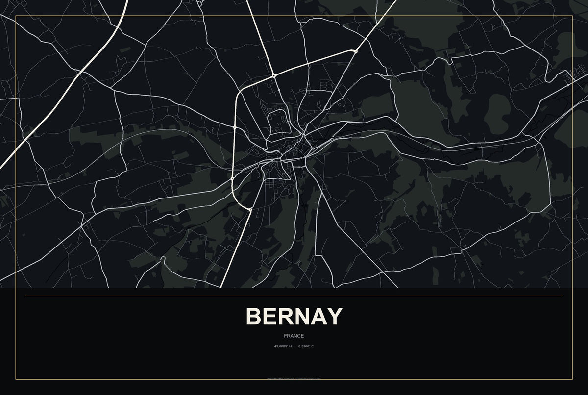 Bernay, France City Map Aluminum Sign in Metropolitan Noir style