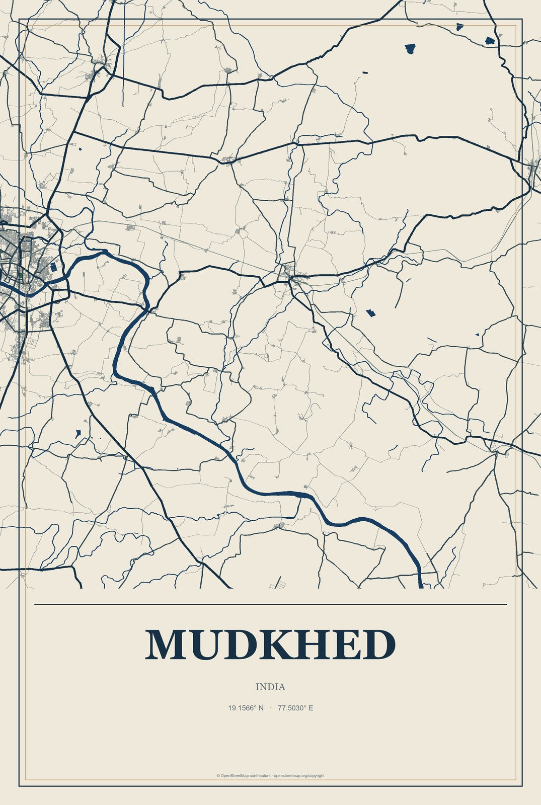Mudkhed, India City Map Aluminum Sign in Coastal Cutout style
