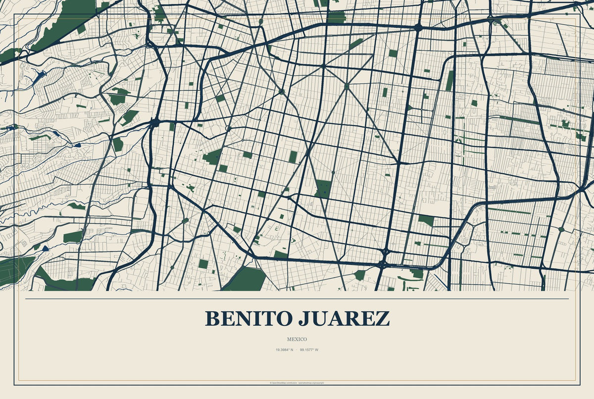 Benito Juarez, Mexico City Map Aluminum Sign in Coastal Cutout style