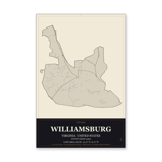 Williamsburg city, Virginia Map Aluminum Sign in Museum Plaque style
