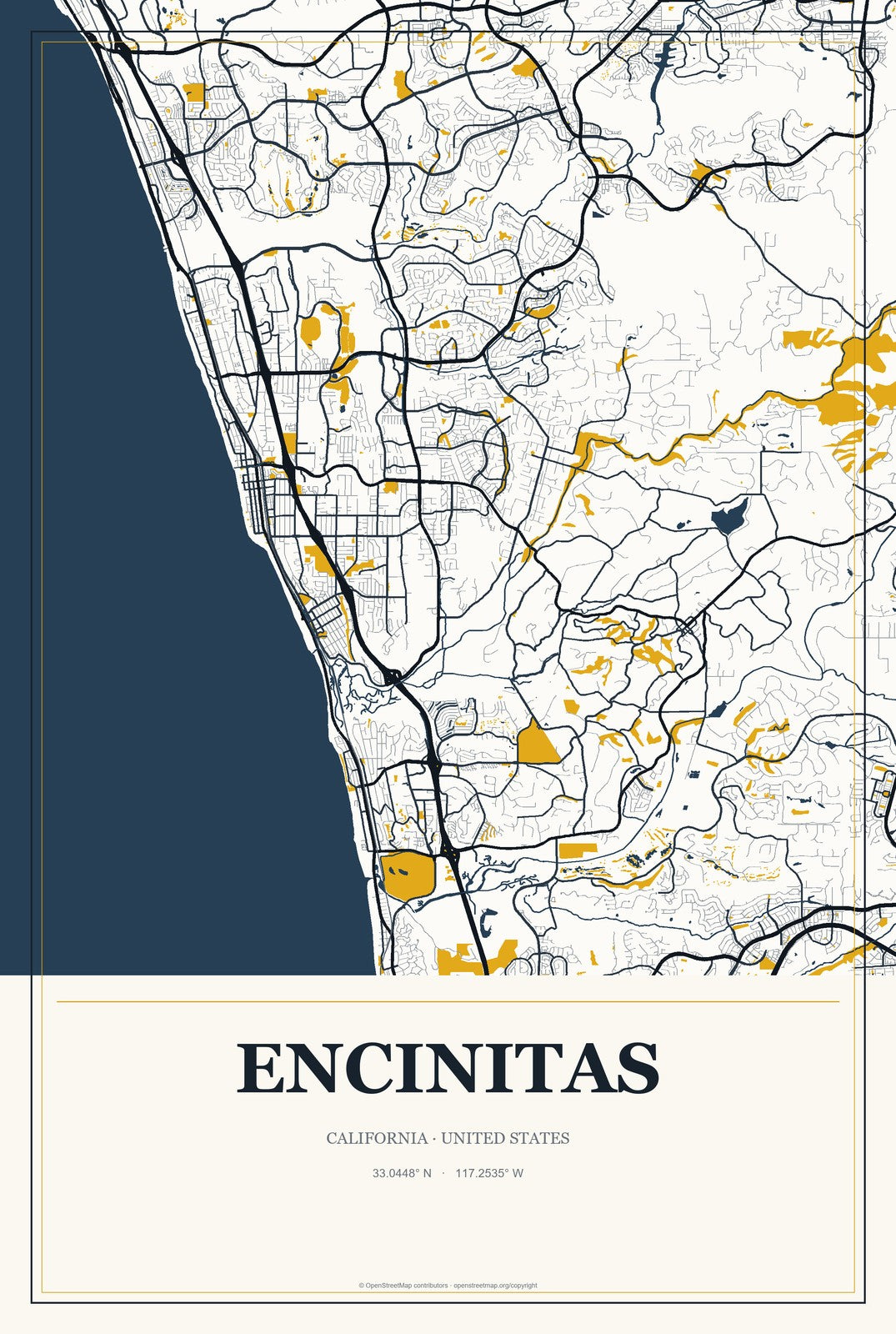 Encinitas, California City Map Aluminum Sign in Citrine Modern style
