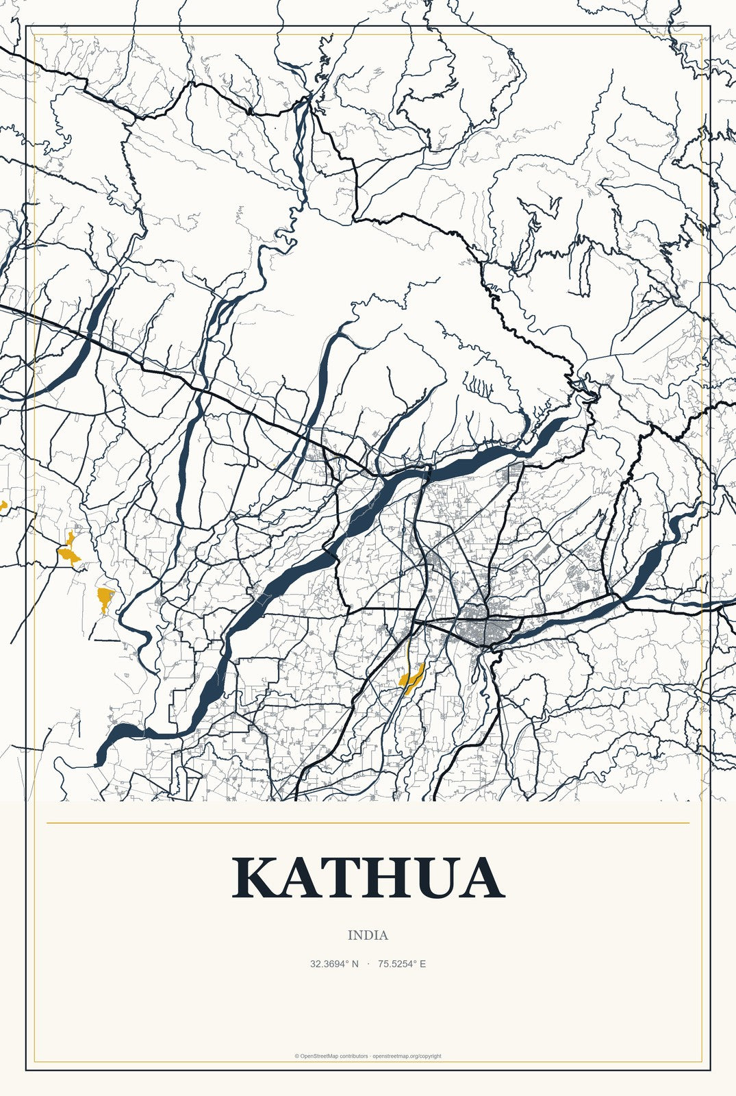 Kathua, India City Map Aluminum Sign in Citrine Modern style