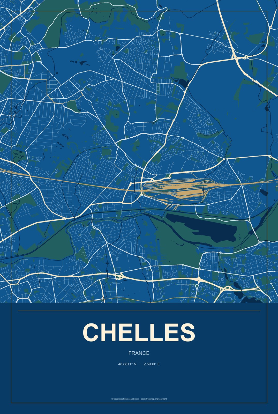 Chelles, France City Map Aluminum Sign in Harbor Cobalt style