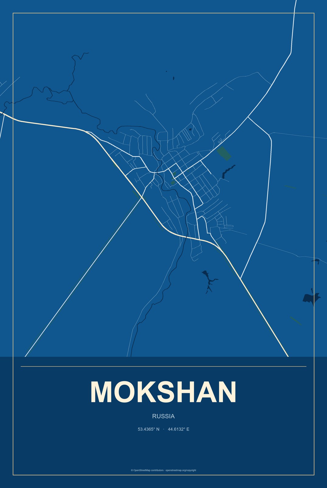 Mokshan, Russia City Map Aluminum Sign in Harbor Cobalt style