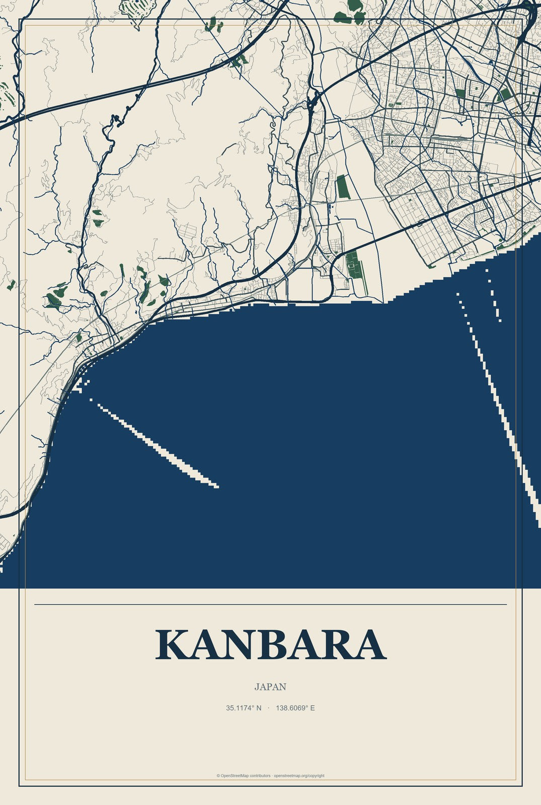Kanbara, Japan City Map Aluminum Sign in Coastal Cutout style